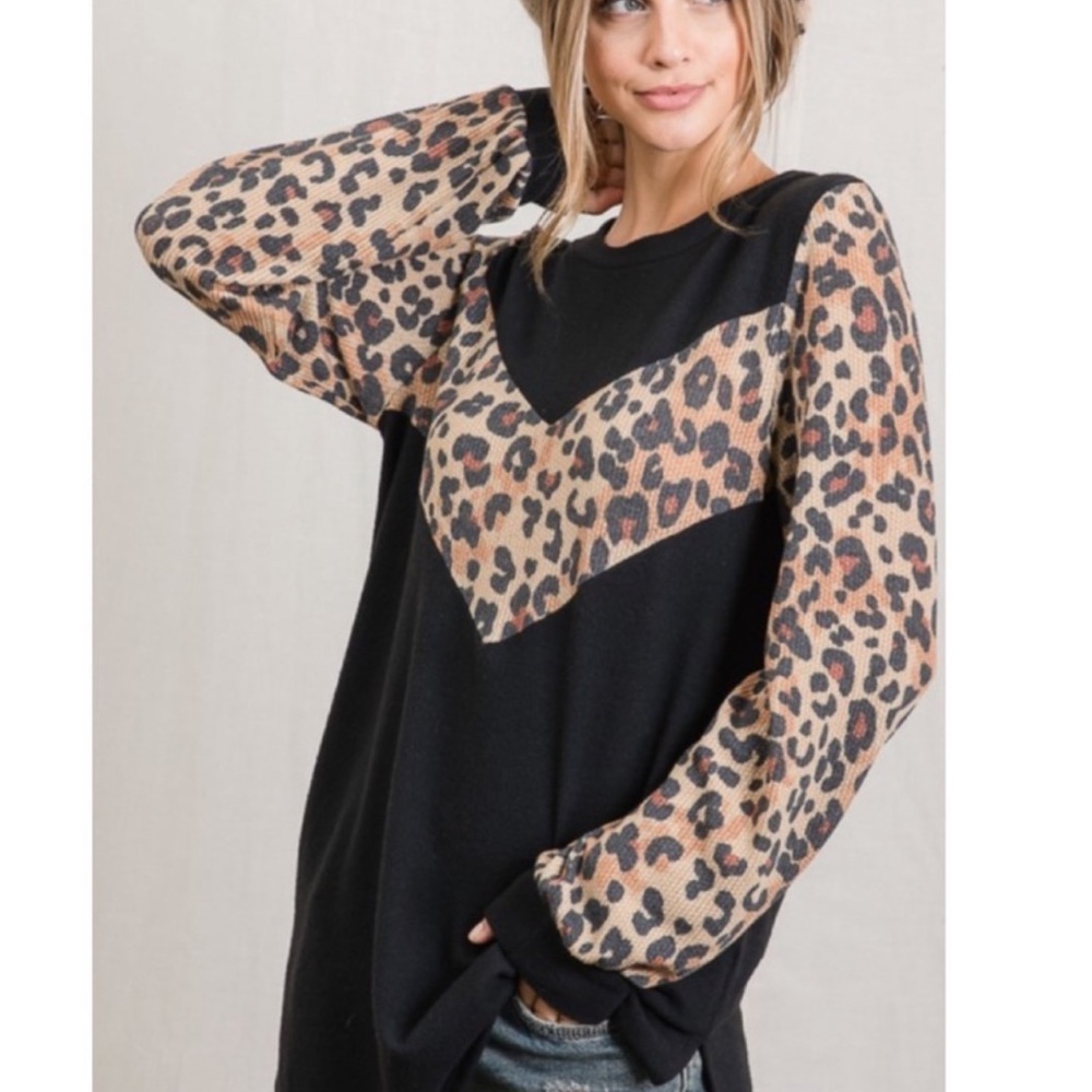 Chevron Color Block Leopard Long Sleeve Top